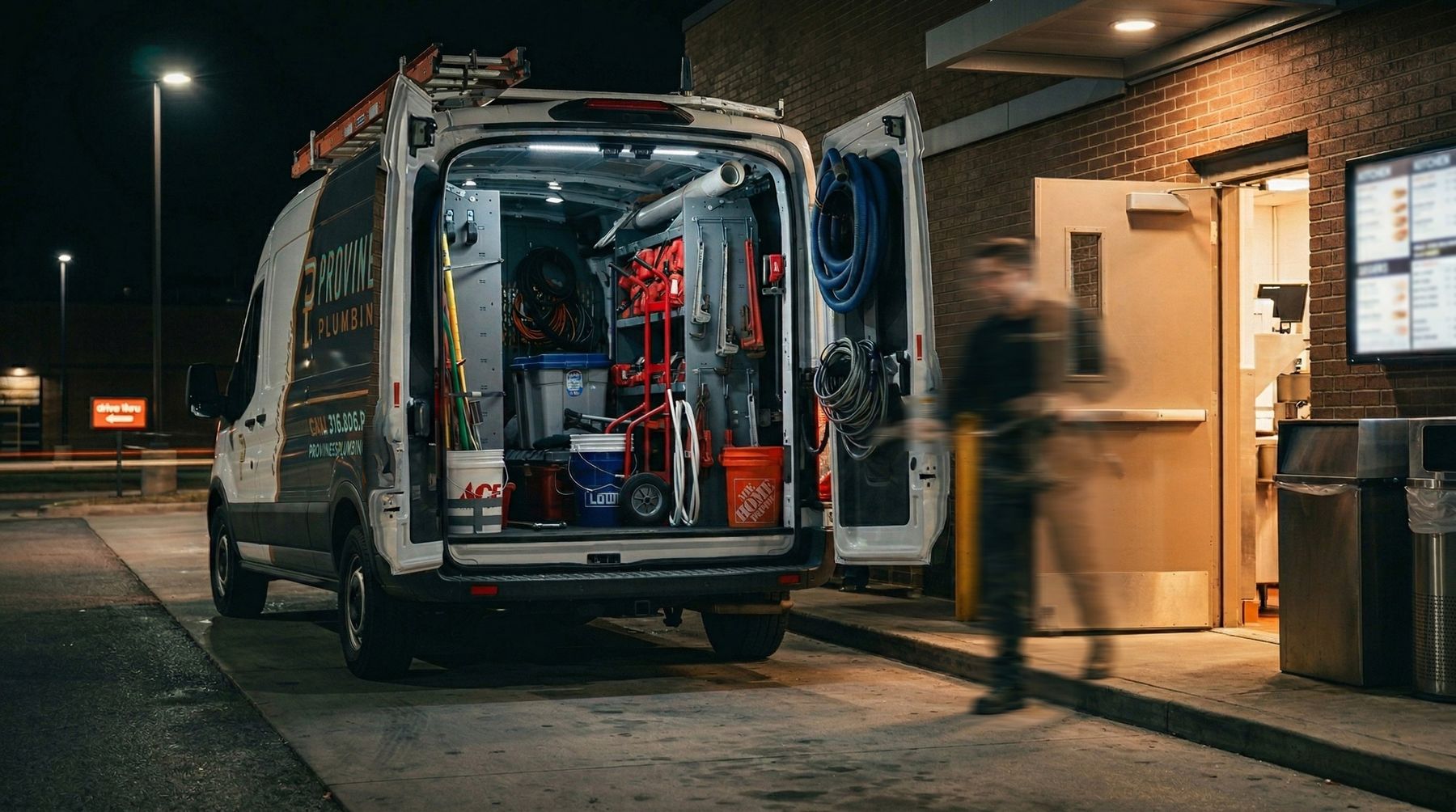 Provines Plumbing van servicing a Wichita business at night